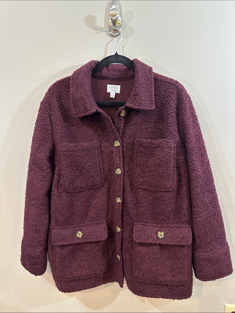 Time and Tru Women's Deep Wine Teddy/Boucle Button-Up Jacket